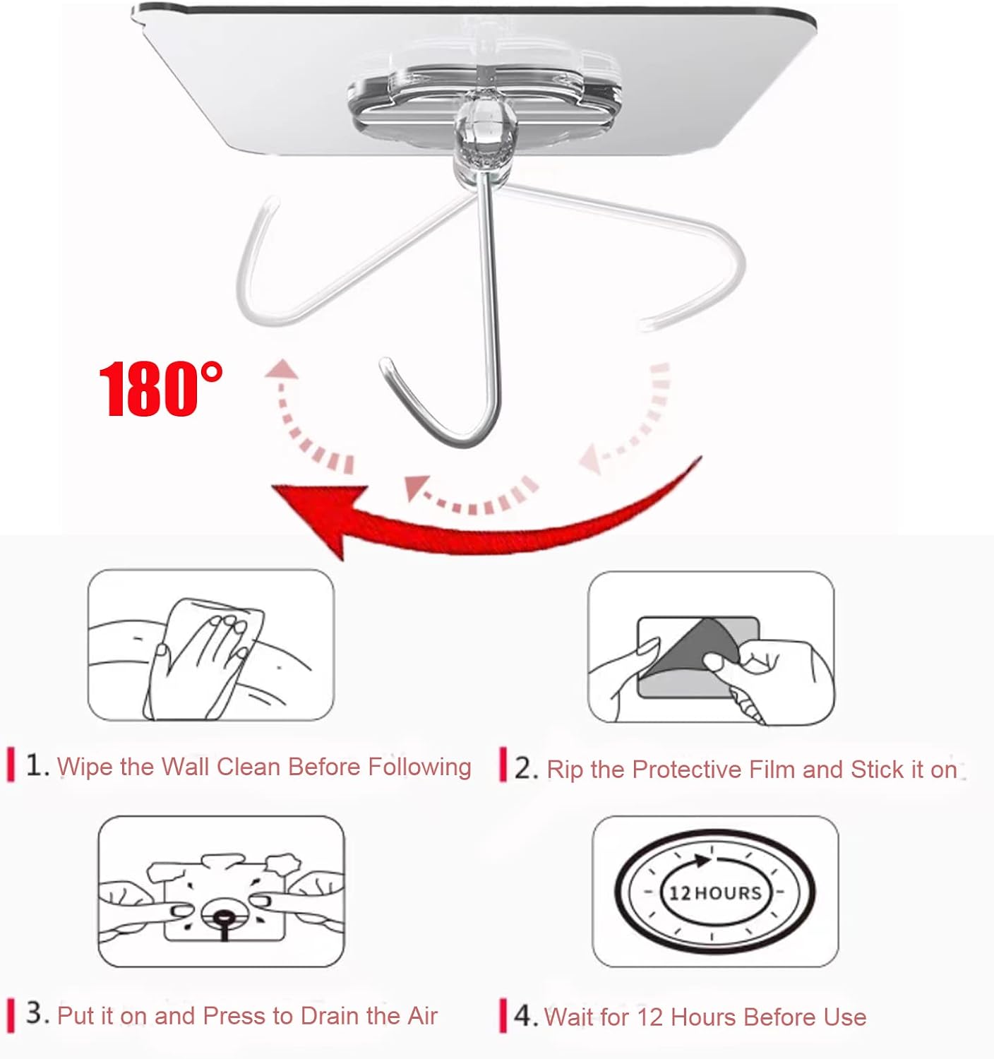 DDMY Adhesive Wall Hooks Clear 50lb(Max) Heavy Duty Hanging Sticky-10 Pack | Heavy Duty Hooks for Walls Hanging 50 lbs No Damage. Waterproof Sticky Transparent Ceiling Hook for Towel/Kitchen/Outdoor - Image 7
