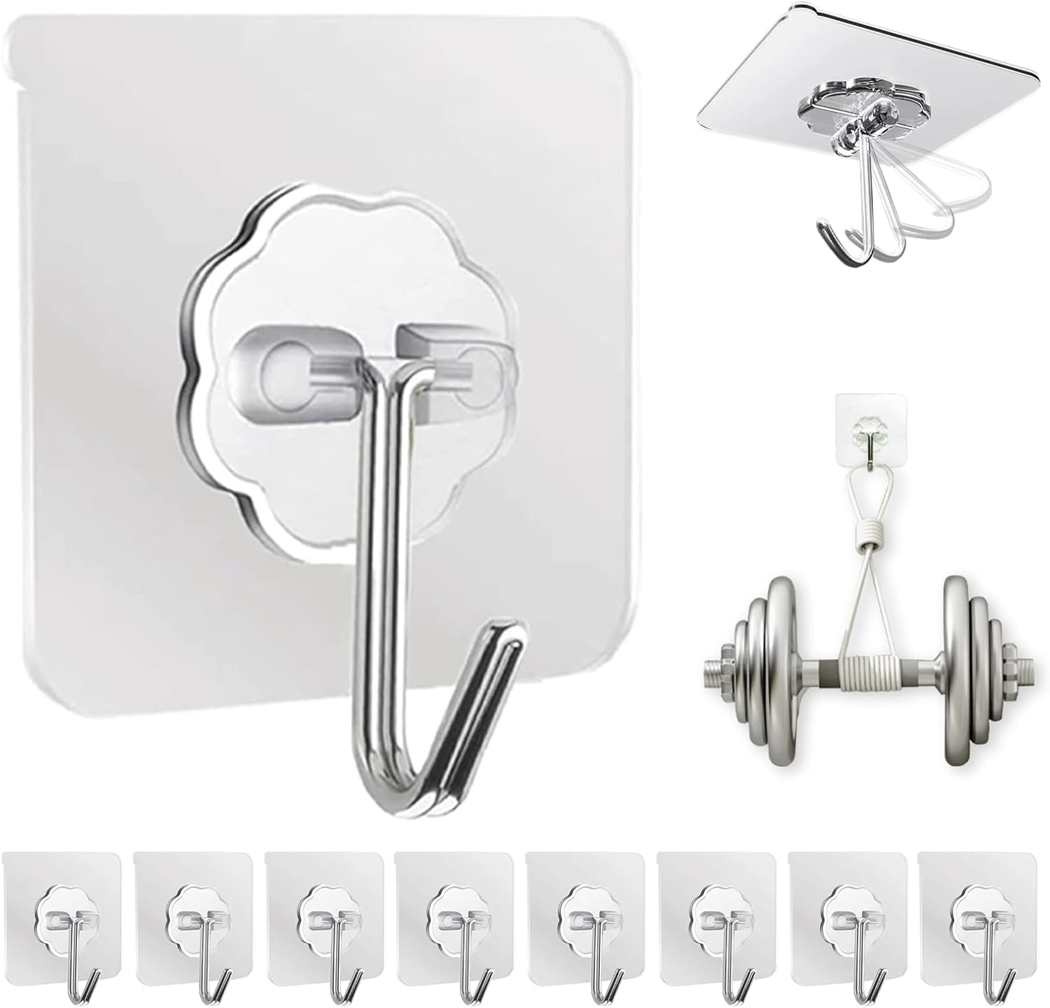 DDMY Adhesive Wall Hooks Clear 50lb(Max) Heavy Duty Hanging Sticky-10 Pack | Heavy Duty Hooks for Walls Hanging 50 lbs No Damage. Waterproof Sticky Transparent Ceiling Hook for Towel/Kitchen/Outdoor