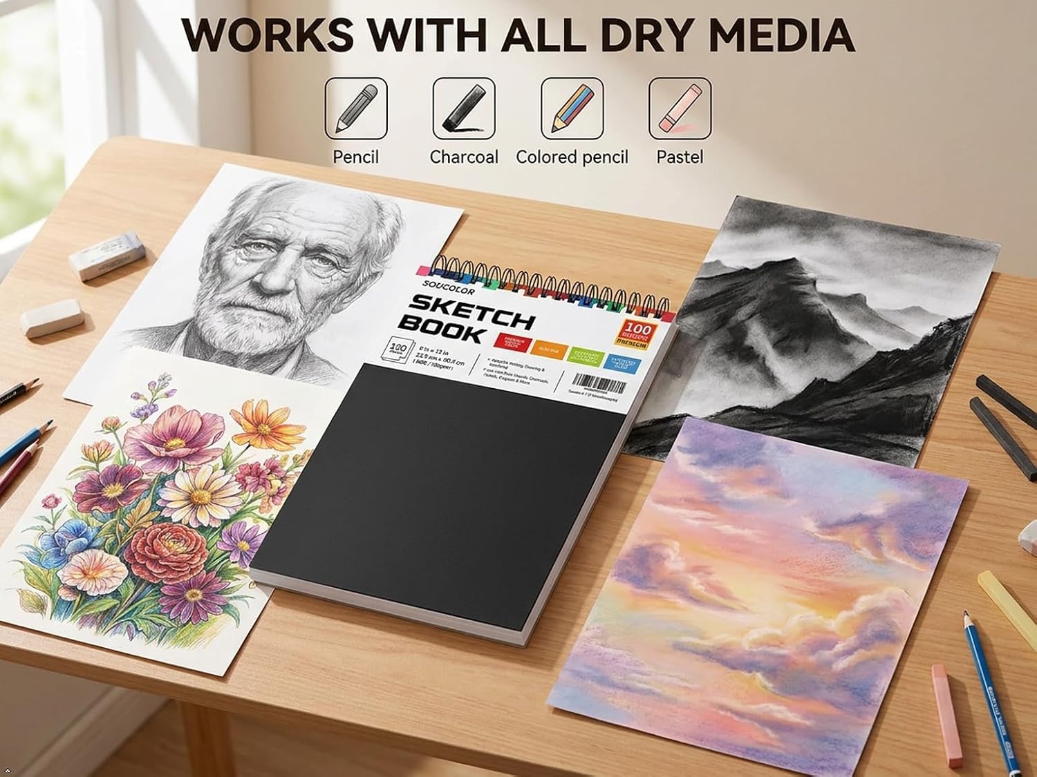 Soucolor Sketch Book 9 x 12. 100 Sheets Kids Art Sketchbook Drawing Pad | 68lb Acid-Free. Fine-Texture Paper. Top Spiral for Lay-Flat. Gift for Teens Girls Boys Beginners Adults. Art School Supplies - Image 4