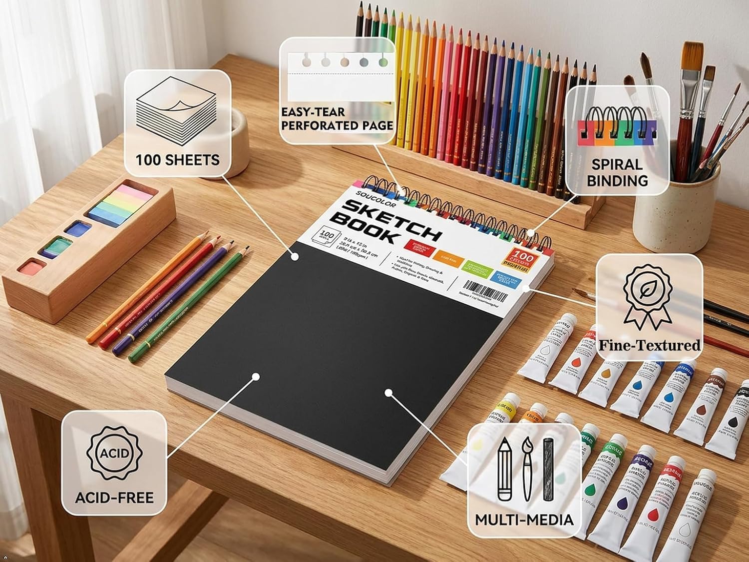 Soucolor Sketch Book 9 x 12. 100 Sheets Kids Art Sketchbook Drawing Pad | 68lb Acid-Free. Fine-Texture Paper. Top Spiral for Lay-Flat. Gift for Teens Girls Boys Beginners Adults. Art School Supplies - Image 2