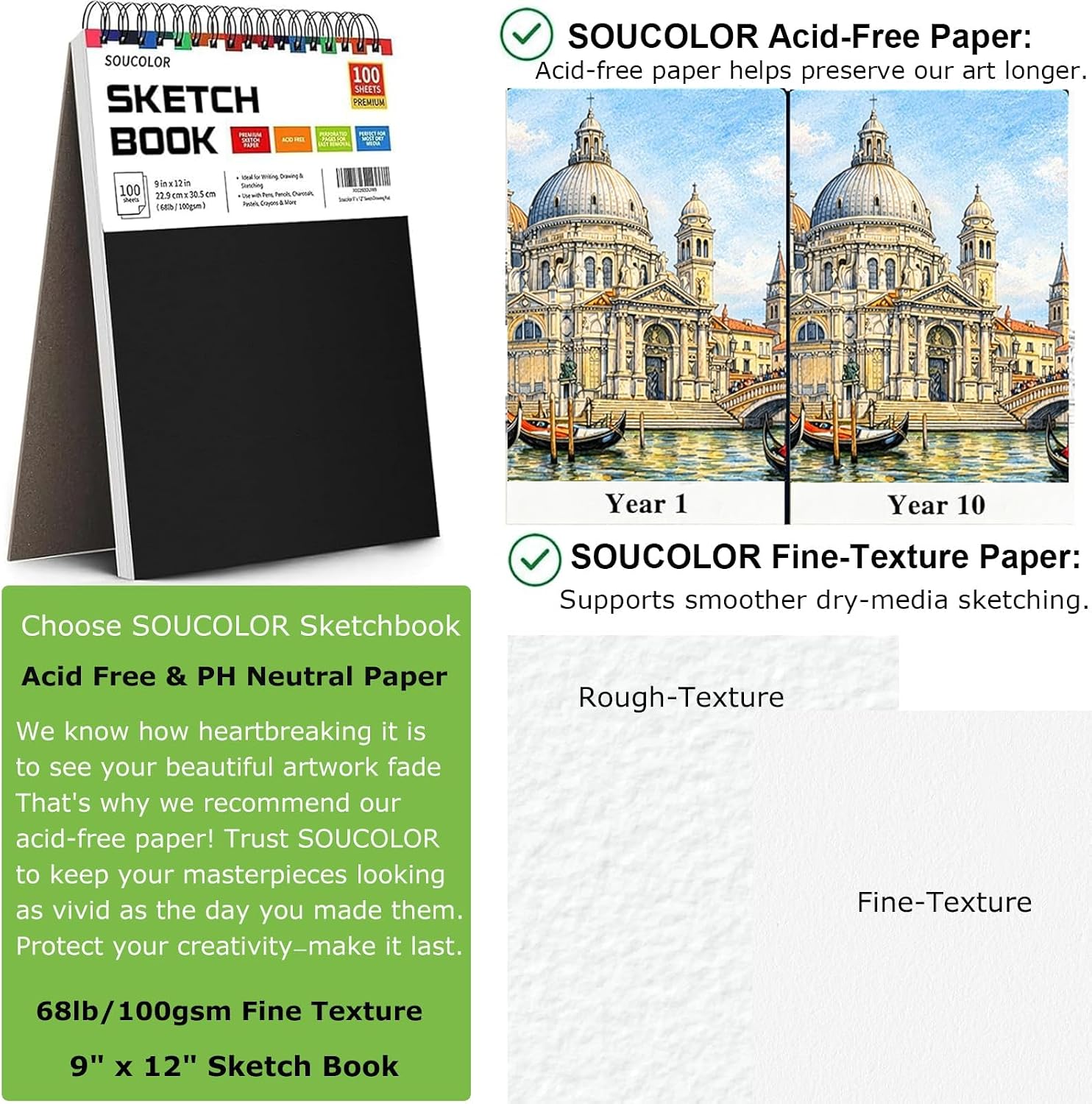 Soucolor Sketch Book 9 x 12. 100 Sheets Kids Art Sketchbook Drawing Pad | 68lb Acid-Free. Fine-Texture Paper. Top Spiral for Lay-Flat. Gift for Teens Girls Boys Beginners Adults. Art School Supplies - Image 8